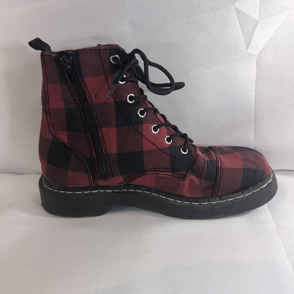 T.U.K. 2013 Anarchic Boots Plaid Red Black Lace Up Women's 9 T2192 7 Eye Punk - Picture 5 of 16